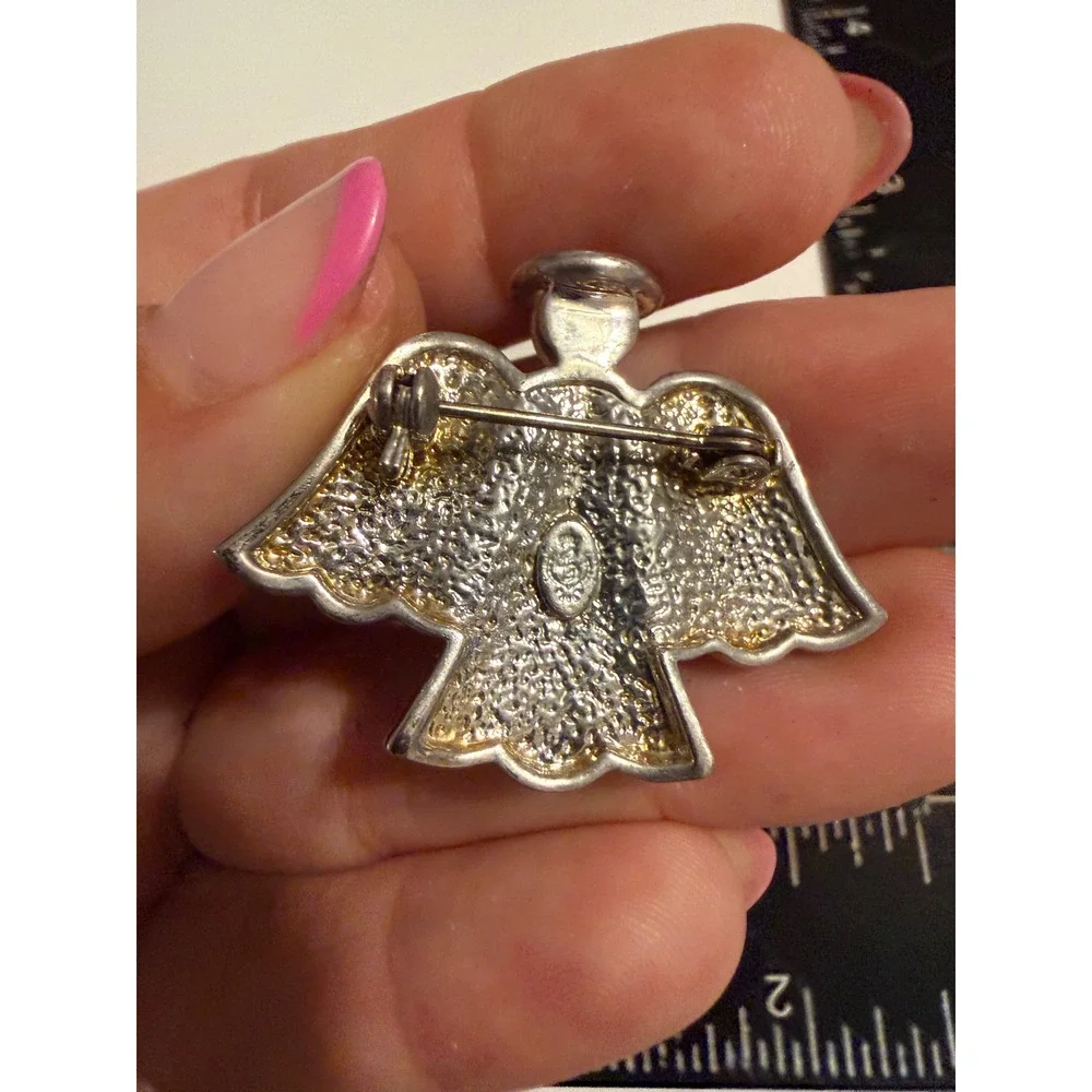 Silver Tone Angel Brooch Cream Enamel Wings Moonstone Heart Halo Pin